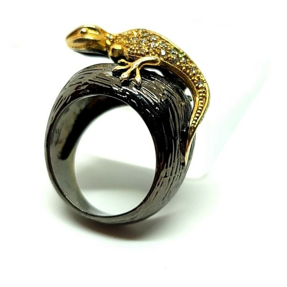 Elegant Iman CN Charcoal Gold Plated Pave Rhinestone Chameleon Cocktail Ring - Picture 6 of 10